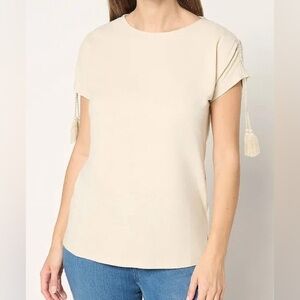 New Belle by Kim Gravel Slub Knit Ruched Sleeve Top w/ Tassels Sandbar Medium